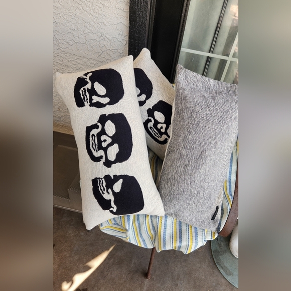 Magaschoni  Black White Halloween long Pillow 3 Skulls NWT Retail $72.00‎ Each - Picture 1 of 5